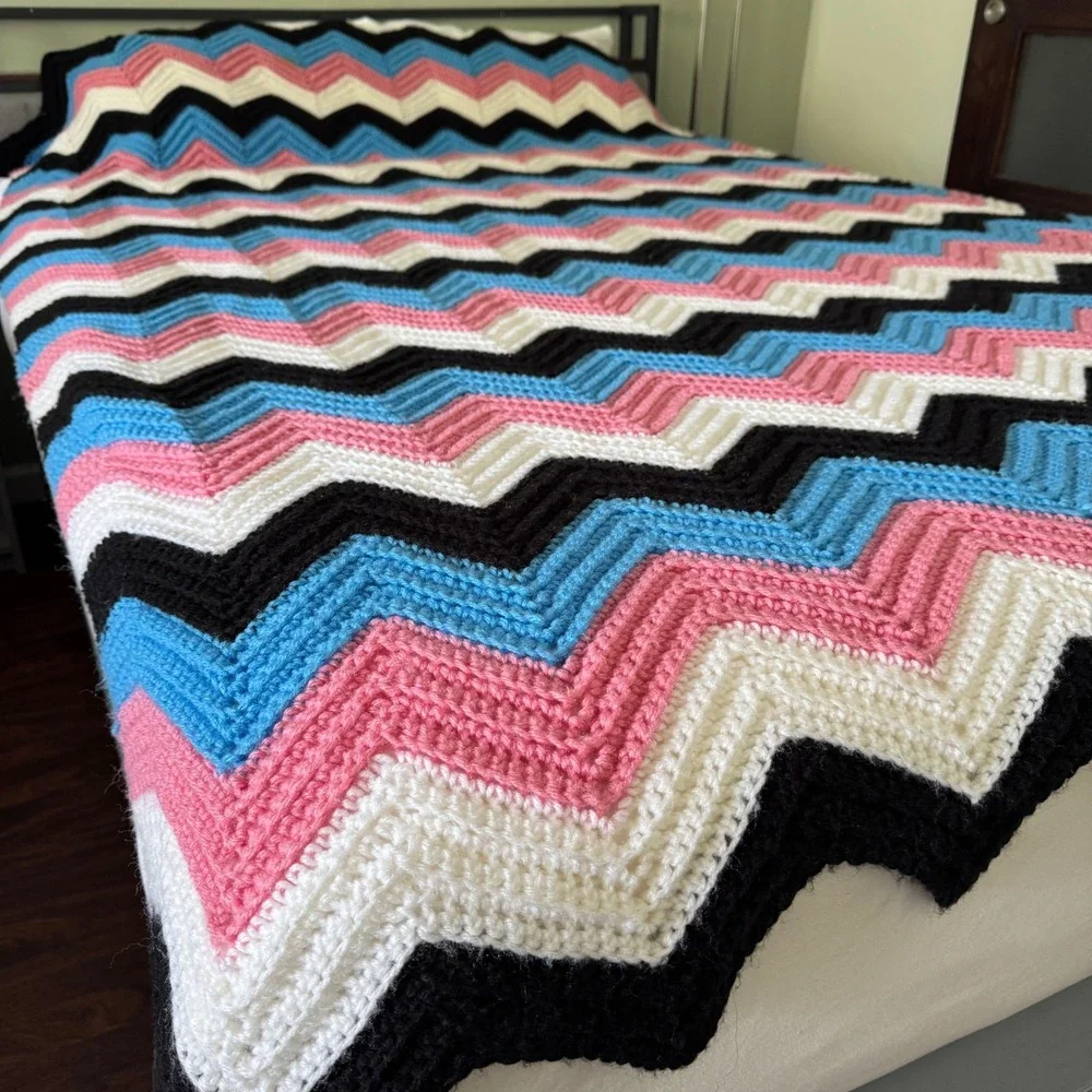 Handmade Crochet Afghan Blanket Chevron Ripple Pink Blue Black 80x132 Throw XL